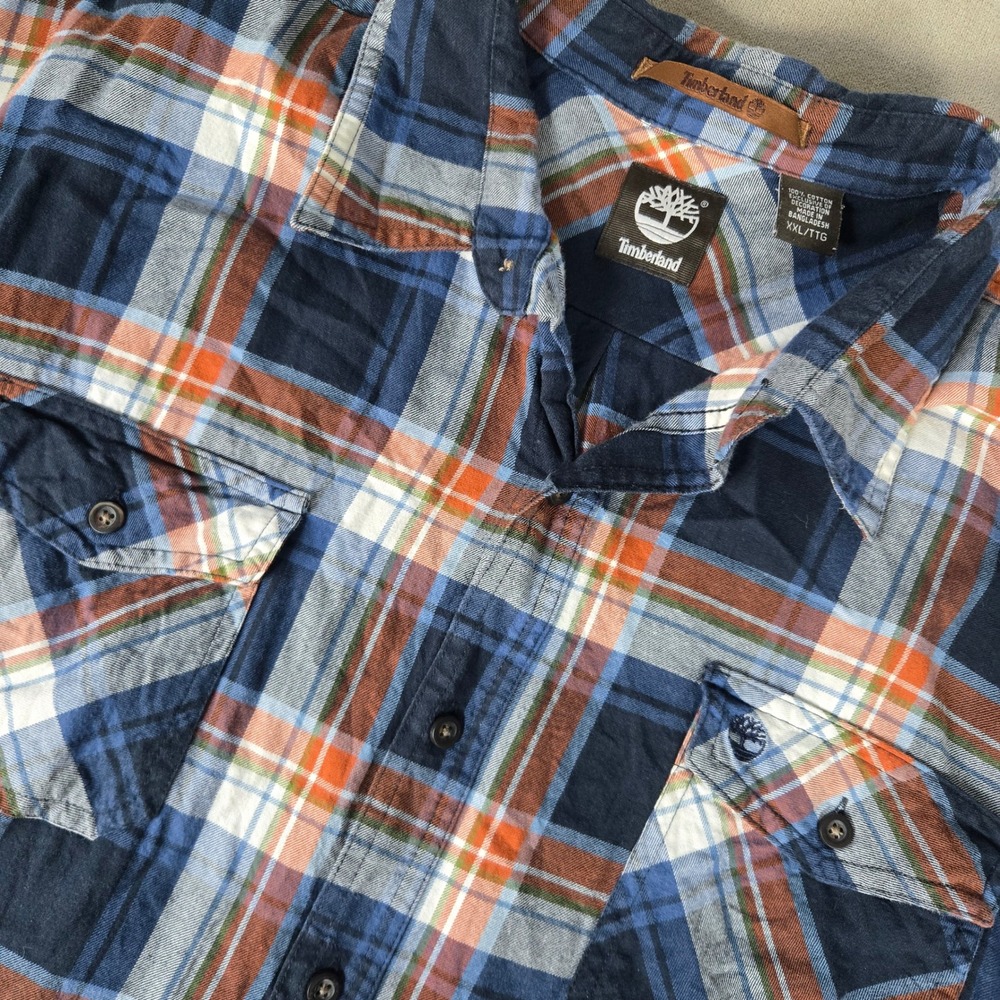 Timberland Mens XXL‎ Flannel Plaid Long Sleeve Shirt Blue Orange Casual Pocket